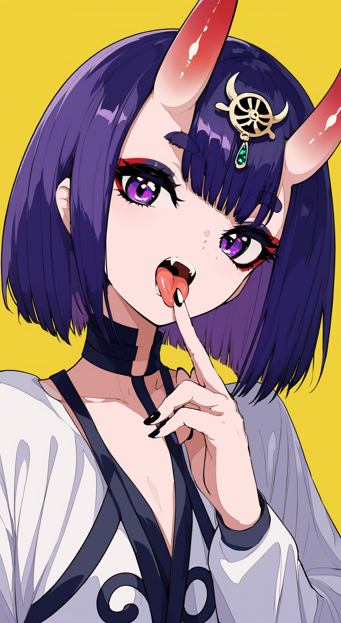 00005-1290870513-score_9,score_8_up,score_7_up,score_6_up,1girl,solo,tongue,shuten douji _(fate_),purple eyes,tongue out,bangs,looking at viewer,.png